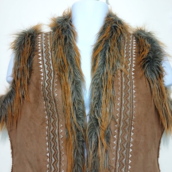 Vintage Alibi Embroidered Suede & Fur Aztec Print Waistcoat Vest Jacket Size 13 - Picture 3 of 10